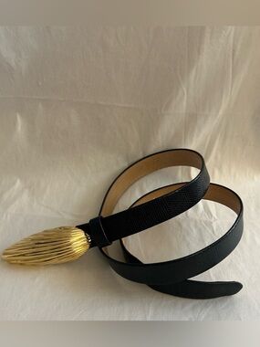 Vintage 80's Pearl brand Navy Blue Belt Goldtone Buckle Women’s Size Large USA